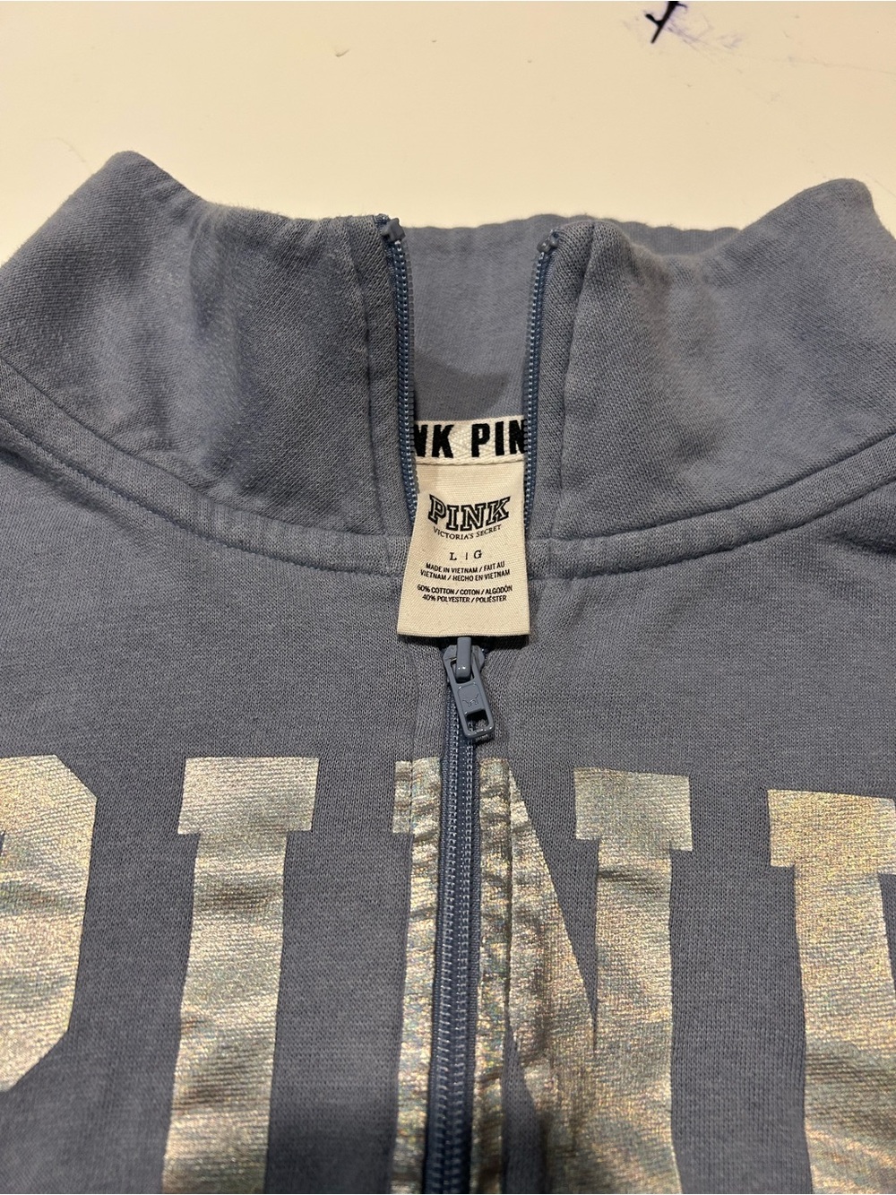 PINK Victoria's Secret Steel Blue Zip-Up with Metallic Silver Logo